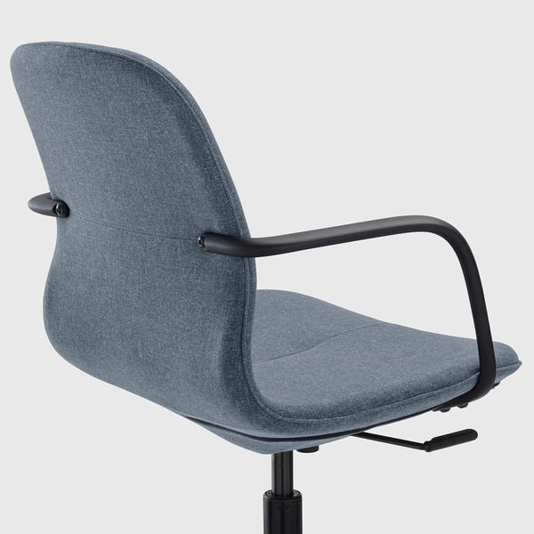 Office chair with adjustable seat, tilt tension, and armrests. Grey upholstery, black frame.