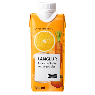 A packaged LÅNGLUR smoothie by IKEA in orange flavour, featuring fruit and veg blend, 330 ml.