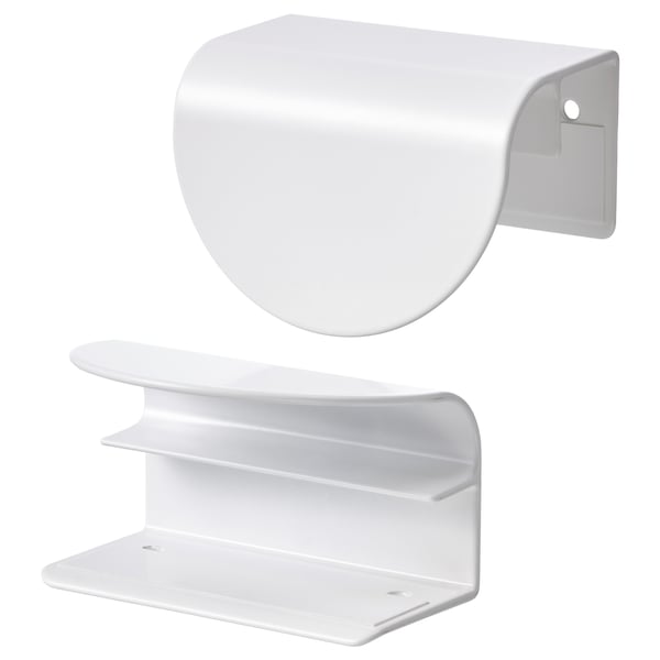 Two white plastic wall-mounted shelves; one circular, one tiered.