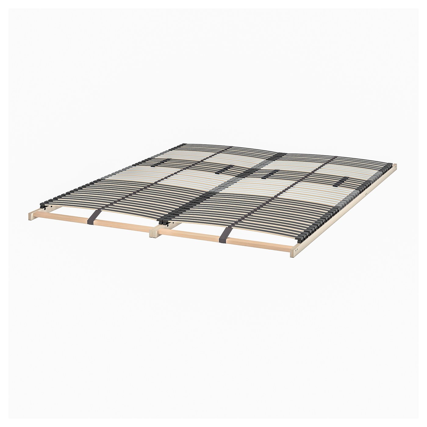 LEIRSUND bed base, black, curved wooden slats, beech plywood frame, rectangular.