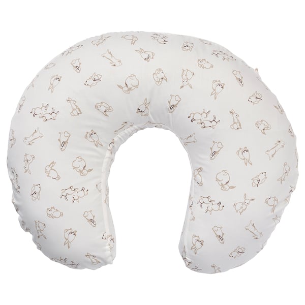 Soft curved white cotton pillow with beige bunny prints for comfort.
