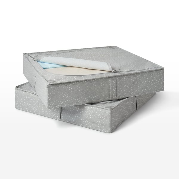 Neutral tone fabric boxes, stacked for storage. Easy access with zippers on sides.