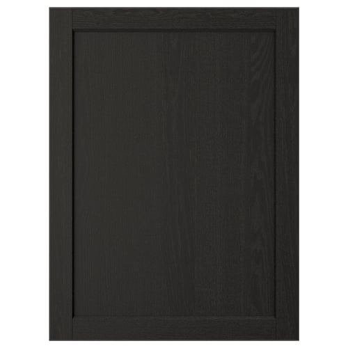 Black wooden cabinet door with a solid wood frame and bevelled edges. A traditional design with a veneer panel.