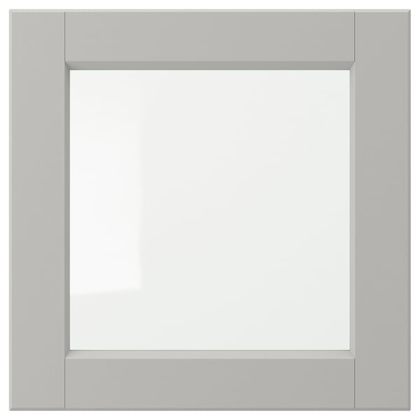 LERHYTTAN grey kitchen cabinet in square shape with bevelled wooden edges and clear glass centre.