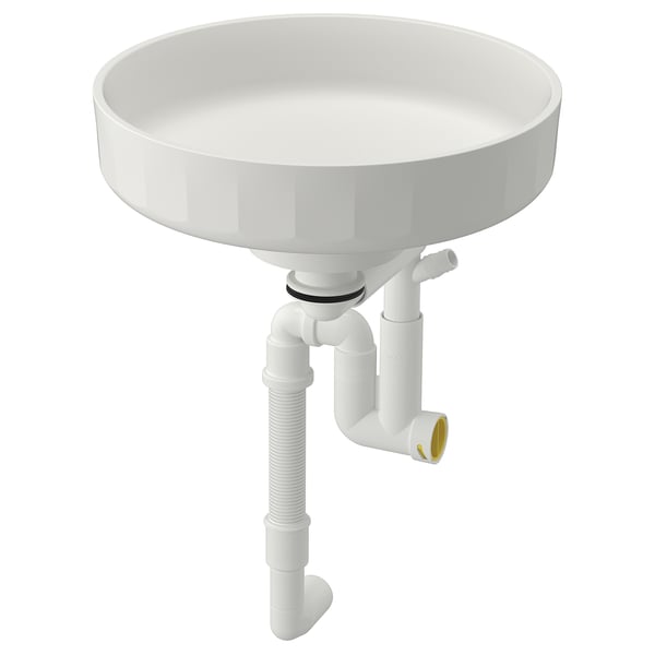 White LERSJÖN marble composite sink with flexible water trap.