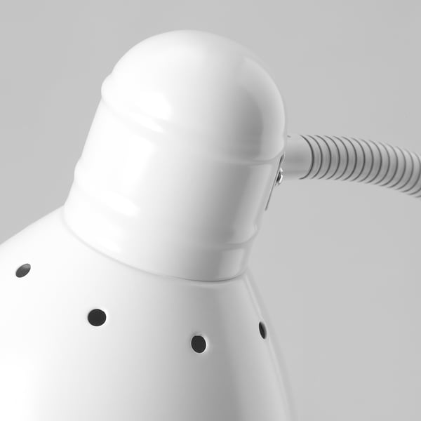 Modern floor lamp with adjustable neck, sleek white design, standing on a grey background.