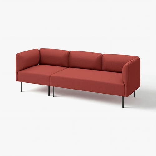 Red modular sofa with metal legs, featuring a modern design with clean lines and cushioned seats and backrest.