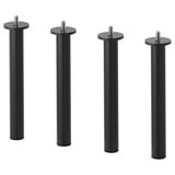 Four black metal legs for furniture. They are cylindrical with a flat round top, made of steel with epoxy coating, suitable for modern design.