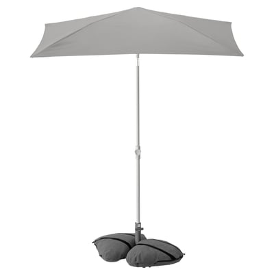 A LILLEÖ grey, rectangular balcony parasol with a tilt feature for sun protection. It uses a weighted base for stability.