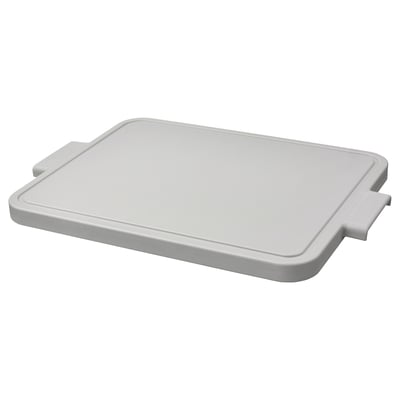 The LILLHAVET chopping board in light grey, made of polyethylene plastic, with a rectangular shape and four silicone rubber feet for stability.