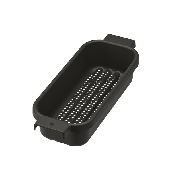 Black over-the-sink colander, rectangular shape with perforated bottom, made of durable plastic.