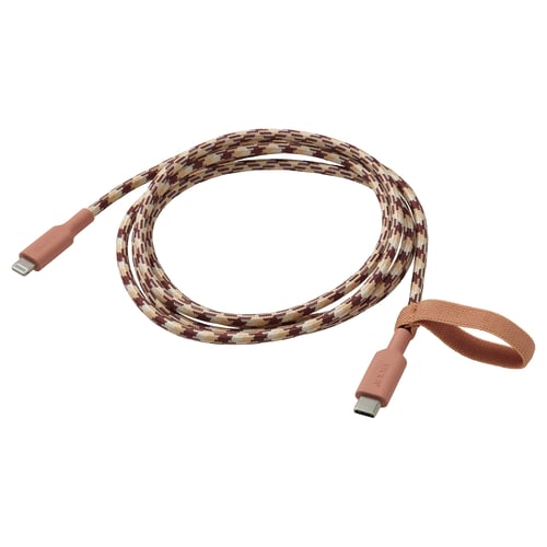 LILLHULT brown & beige coiled charging cable with rubber connectors and tangle-free strap.