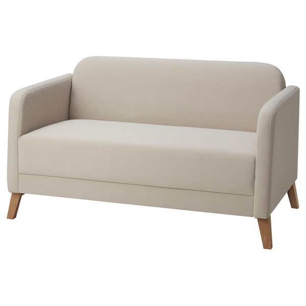Light beige sofa, modern design, wooden legs, comfy fabric.