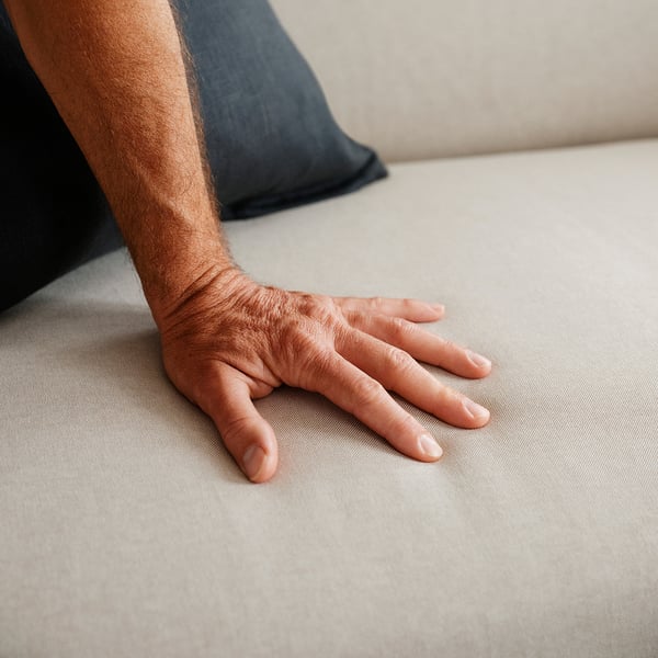Persons hand resting on a beige sofa, showcasing its durable, transport-friendly fabric.