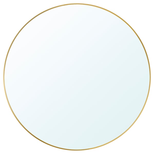 A gold-framed, round mirror with a sleek and elegant design.
