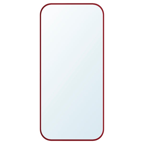 Red-framed LINDBYN mirror, rectangular shape, rounded corners, elegant design.