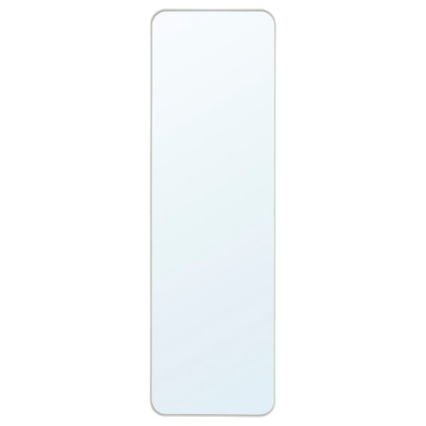 A LINDBYN white mirror with rounded corners, versatile wall mount.