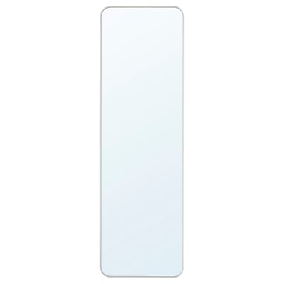 A LINDBYN white mirror with rounded corners, versatile wall mount.