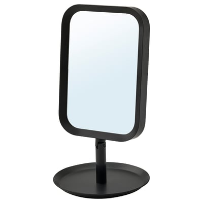 A black LINDBYN round vanity mirror, tilting with a sleek frame.