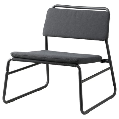 Modern black metal chair with grey cushion; simple, sturdy design.
