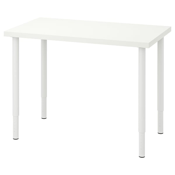 LINNMON white desk: adjustable legs, rectangular, minimalist design.