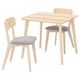 Wooden dining set with square table, 2 cushioned chairs.