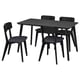 Modern black dining set with rectangular table and four padded chairs. Simple, sleek design; perfect for small spaces.