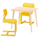 Bright yellow kids furniture set with light wood table and matching chairs, modern and playful design.