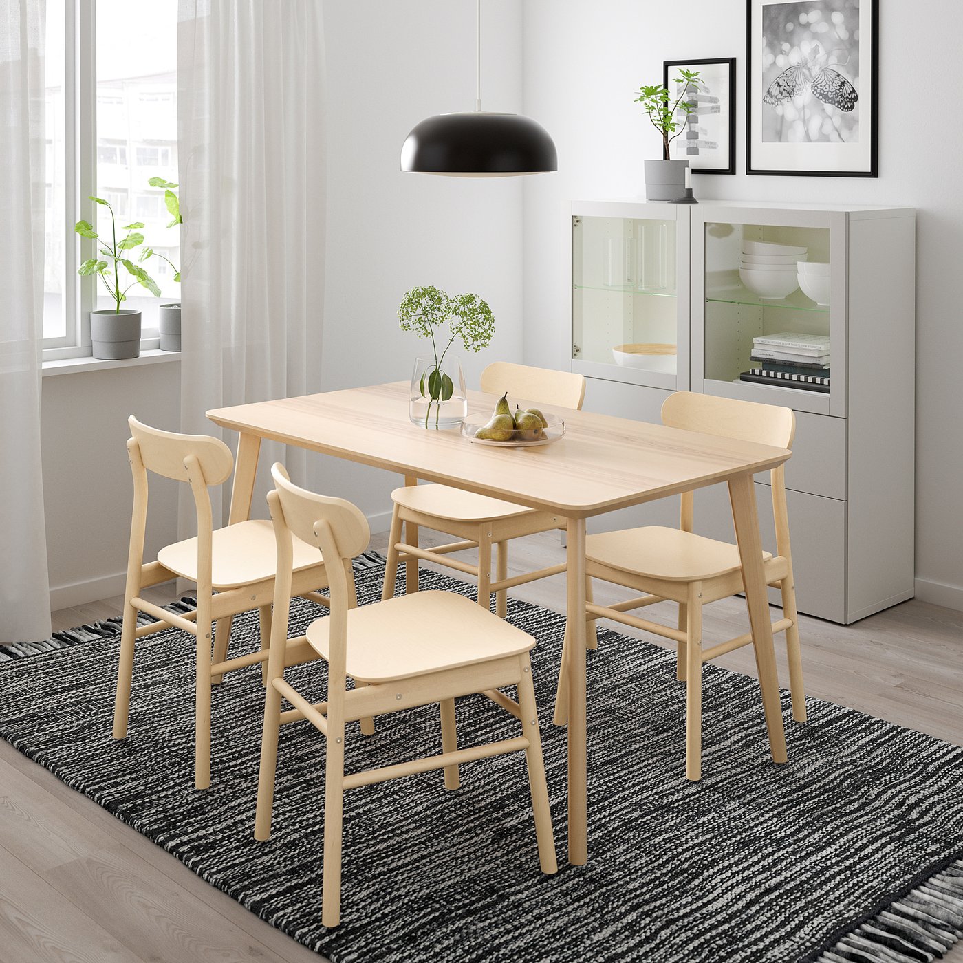 LISABO / RÖNNINGE table and 4 chairs, ash veneer/birch, 140x78 cm