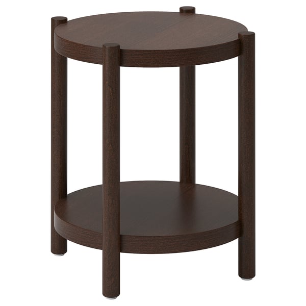 Round LISTERBY wood side table, dark finish, shelf, four legs.
