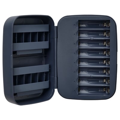 LITOSFÄR home for 8 batteries, grey, plastic, open, slots.