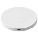 A white LIVBOJ wireless charging pad, circular in shape, with a cross design and usb-c port, perfect for charging smartphones wirelessly.