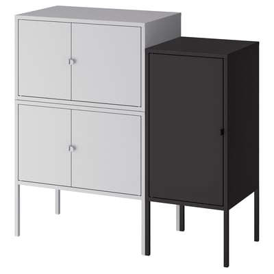 Grey & black cabinets side by side, rectangular with metal legs, multiple doors.