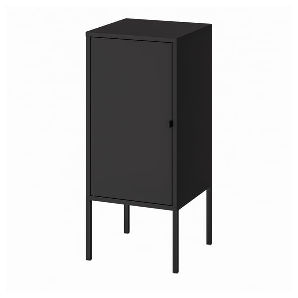 Black LIXHULT cabinet, single door, thin metal legs, durable epoxy/polyester finish.