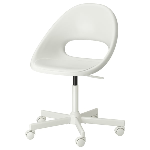 LOBERGET white office chair, adjustable height, five wheels, ergonomic design.