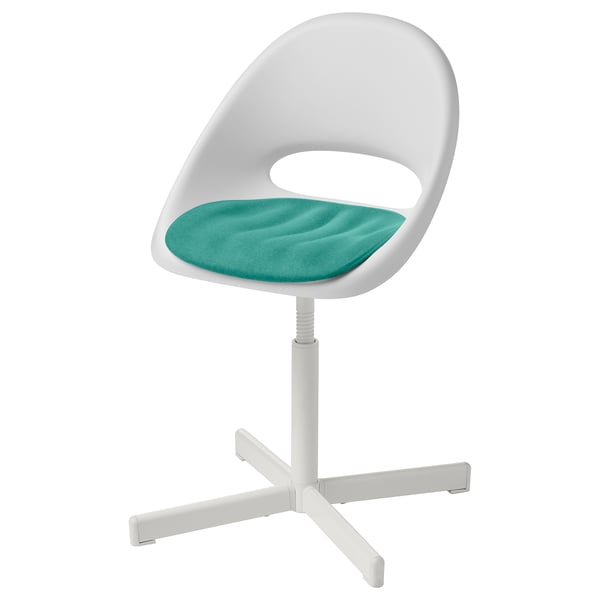 A white LOBERGET kids chair with a teal seat cushion. The chair is adjustable and has a sturdy design. It a compact, modern look with a swivel base.