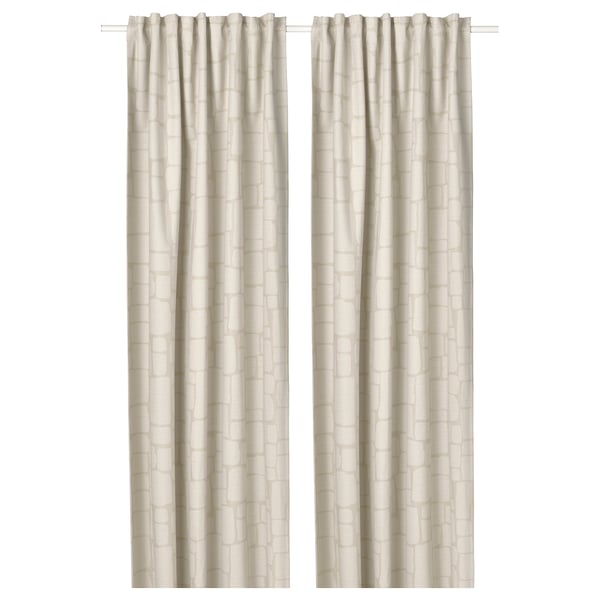 LÖNNSTÄVMAL beige jacquard block-out curtains, light-blocking, 100% recycled polyester.