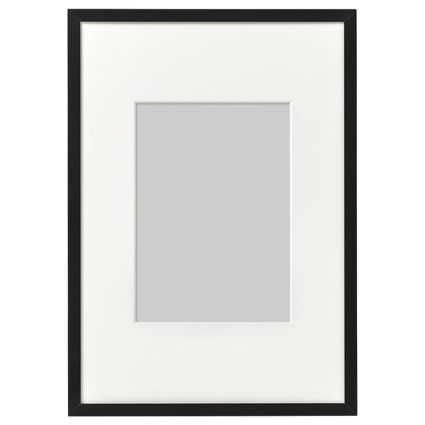 Black LOMVIKEN photo frame with grey mat, rectangular, sleek design.