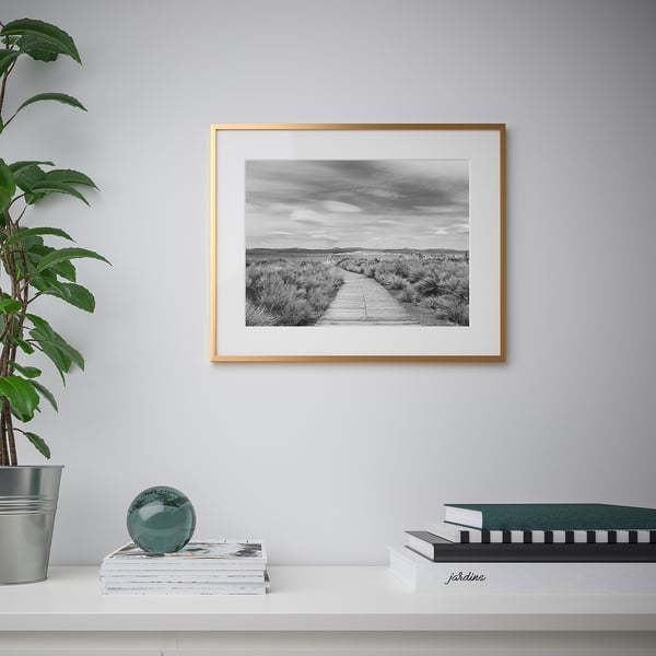 Framed black & white landscape on wall, beside shelf with books, plant, and decorative sphere.