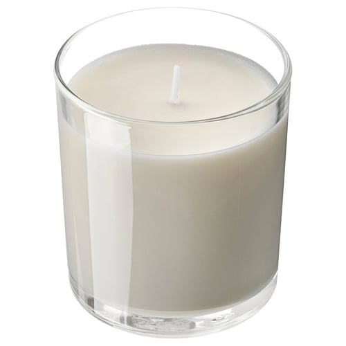 LOTSFÅGEL Scented candle in glass, Vanilla pale beige, 40 hr