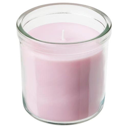 LUGNARE: pink scented candle in glass cup. Universal shape, ideal for home decor.