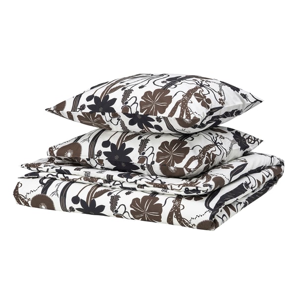 LUNDSKAFTING bedding set, white with brown floral. Botanical pattern, crisp percale weave, rectangular shape, durable cotton-lyocell blend.