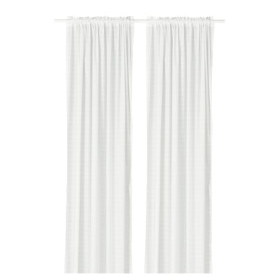 MÄSTERROT white curtains with subtle grid pattern, hanging straight, made from recycled polyester.