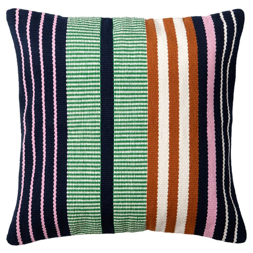 Handwoven striped throw pillow, colourful, cotton mix. Rectangle shape with zip closure.