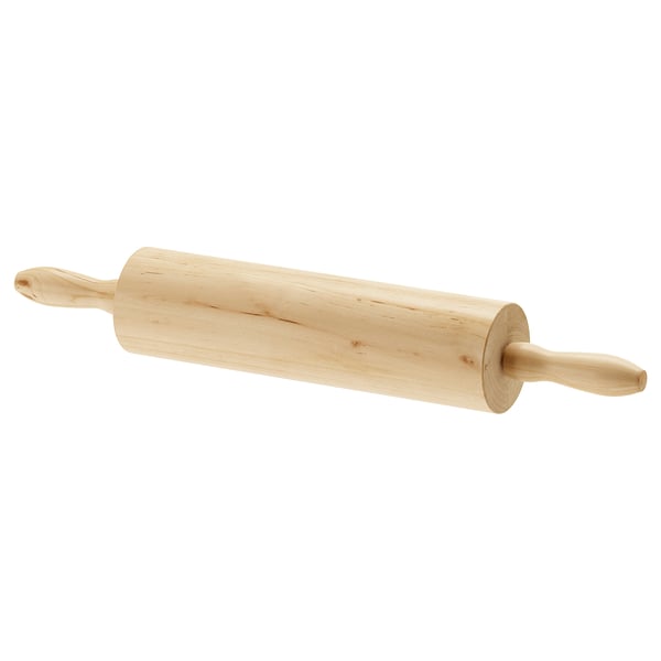 Rolling pin. Name: MAGASIN. Light brown wood. Cylindrical with curved handles. Classic baking tool.