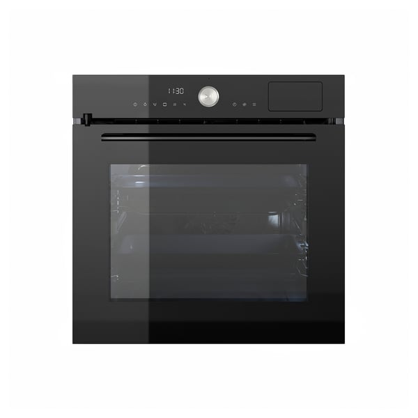 Black MÅGEBO oven with digital display, glass door, and stainless steel accents.