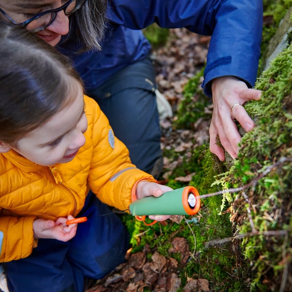 Child explores forest with adult, using hand-cranked led torch.
