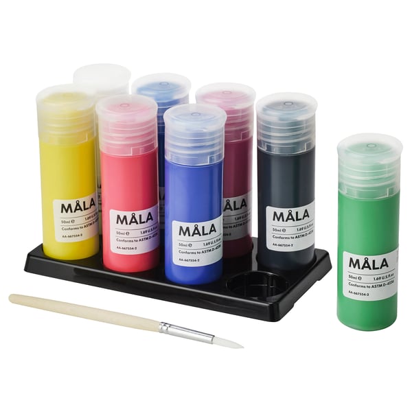 A set of eight MÅLA colourful squeeze paint bottles with a tray, brush, and chart.