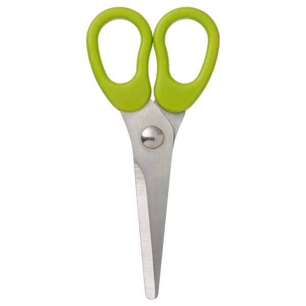 A pair of green-handled, silver-bladed, left-handed scissors designed for children.