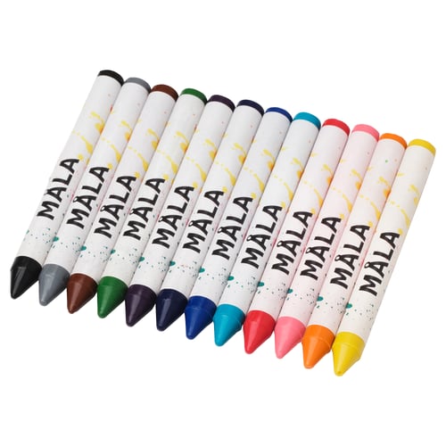 Set of colourful MÅLA crayons in white cases with yellow accents, lined up in a row.